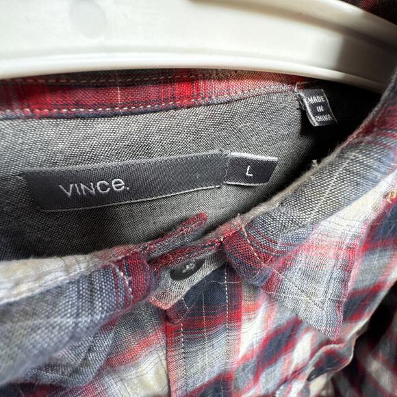 Vince Red Navy Gray Plaid Cotton Button Down Shirt Men’s Large - Picture 3 of 10